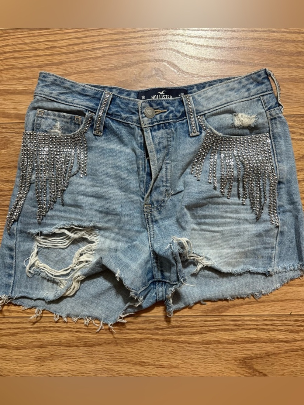 Hollister Rhinestone Accent High Rise Cowgirl Western Rave Denim Shorts 1 Reg